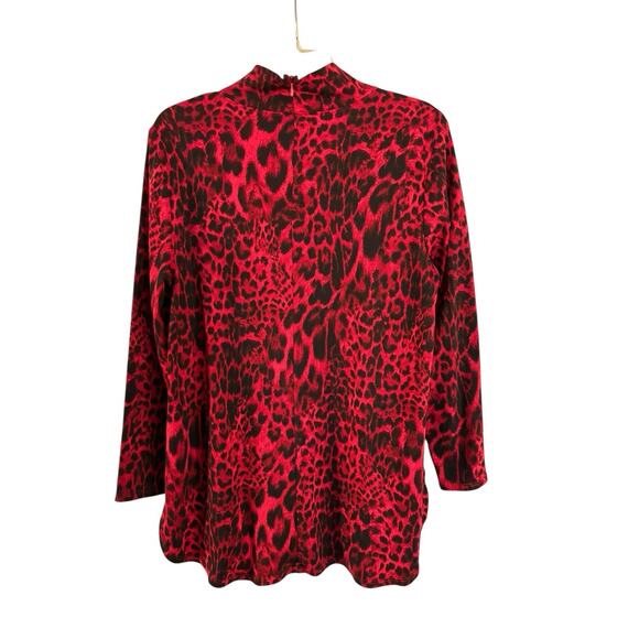 Chico's Tops - Chicos Size 2, Large Red Leopard Mock Turtle Neck Long Sleeve Blouse Top